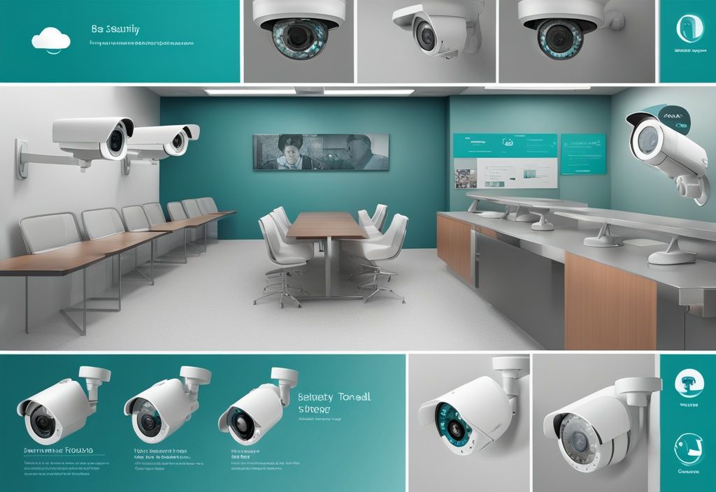 Realistic illustration of the best AT&T Security Cameras in teal theme, showcasing various models with highlighted features.