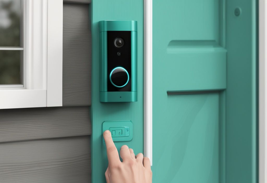 Teal-themed realistic doorbell camera mounted on house wall without visible wifi connection