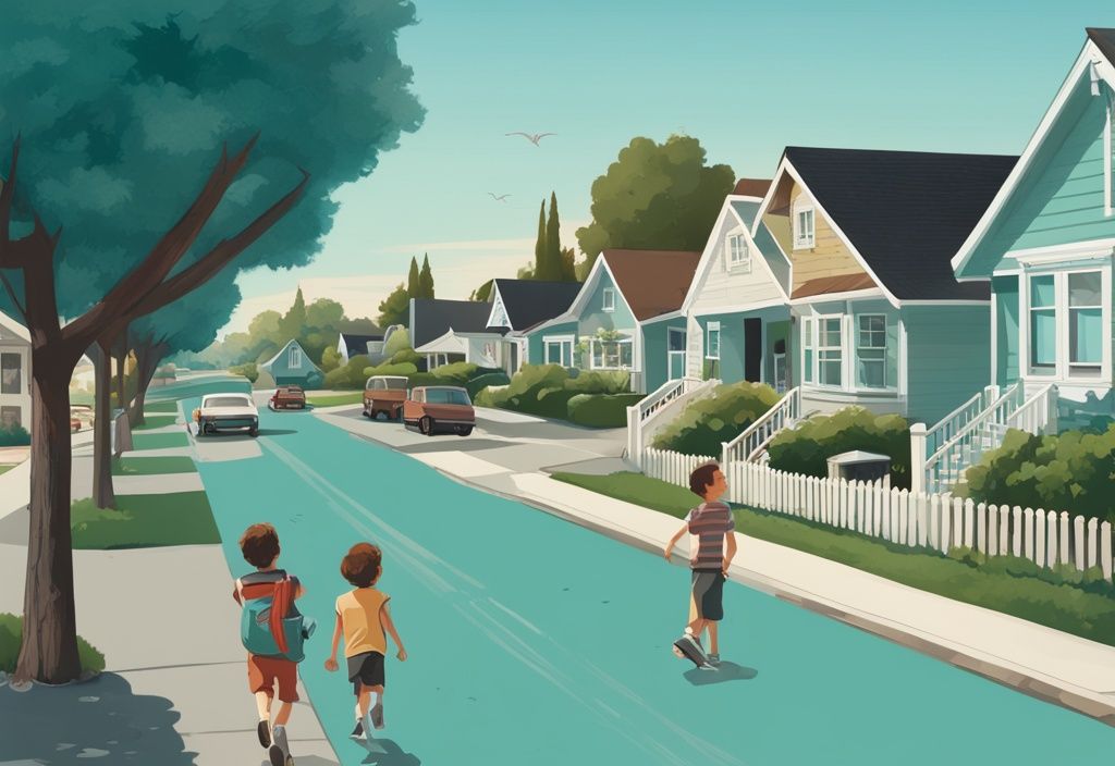 Serene suburban California neighborhood with children playing, tree-lined street, well-maintained houses, and clear blue sky, teal color theme.