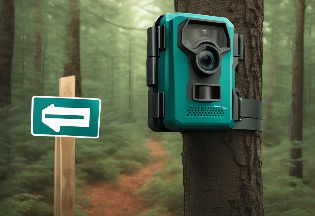 Trail camera mounted on tree in public forest with sign indicating legal usage, teal color theme