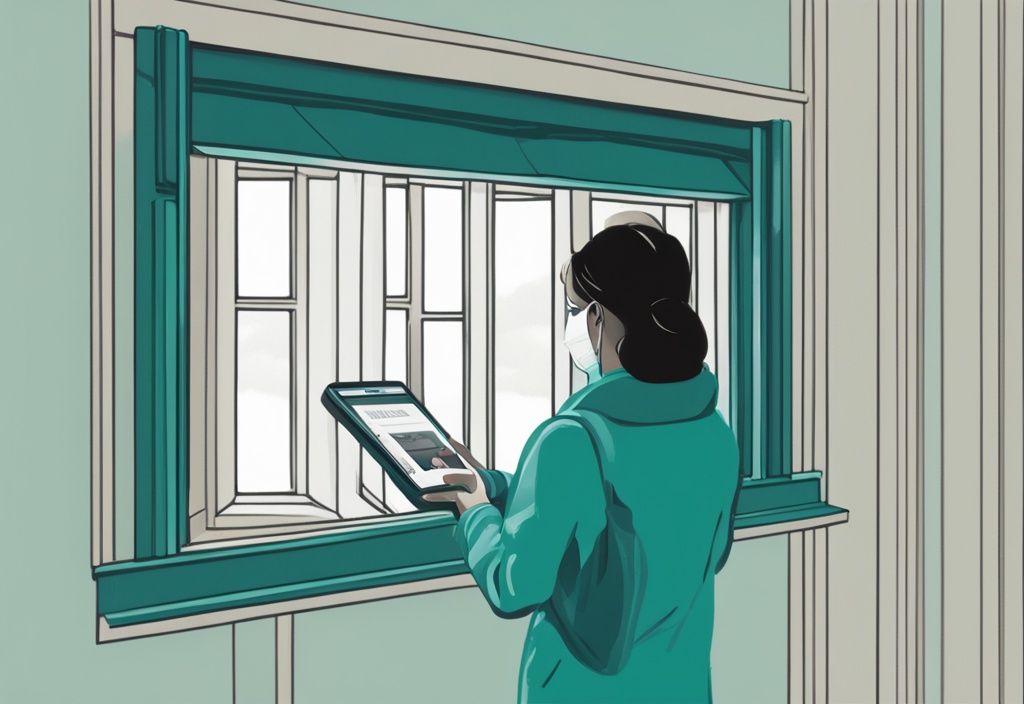 Person using handheld device to inspect window mullions, teal color theme, Mullion Reader illustration