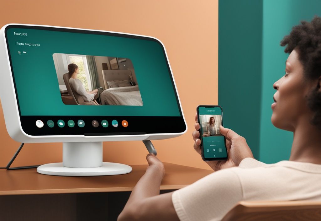 Person viewing Echo Show camera feed remotely on phone using Echo Show app, demonstrating how to view my echo show camera remotely from phone in teal-themed realistic illustration.