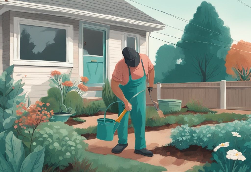 Realistic illustration of a suburban scene with a neighbor secretly recording another neighbor gardening in their teal-themed backyard.