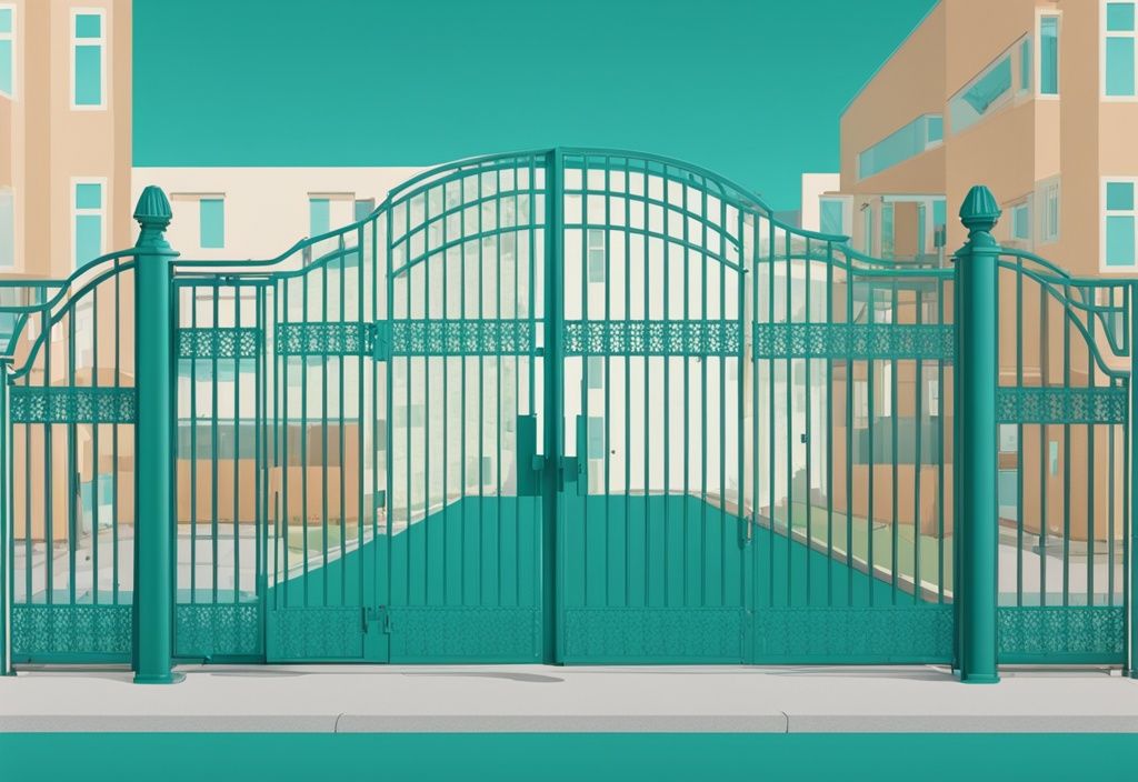 Teal-themed illustration showcasing various security gates including sliding, swing, bi-folding, and pedestrian gates.