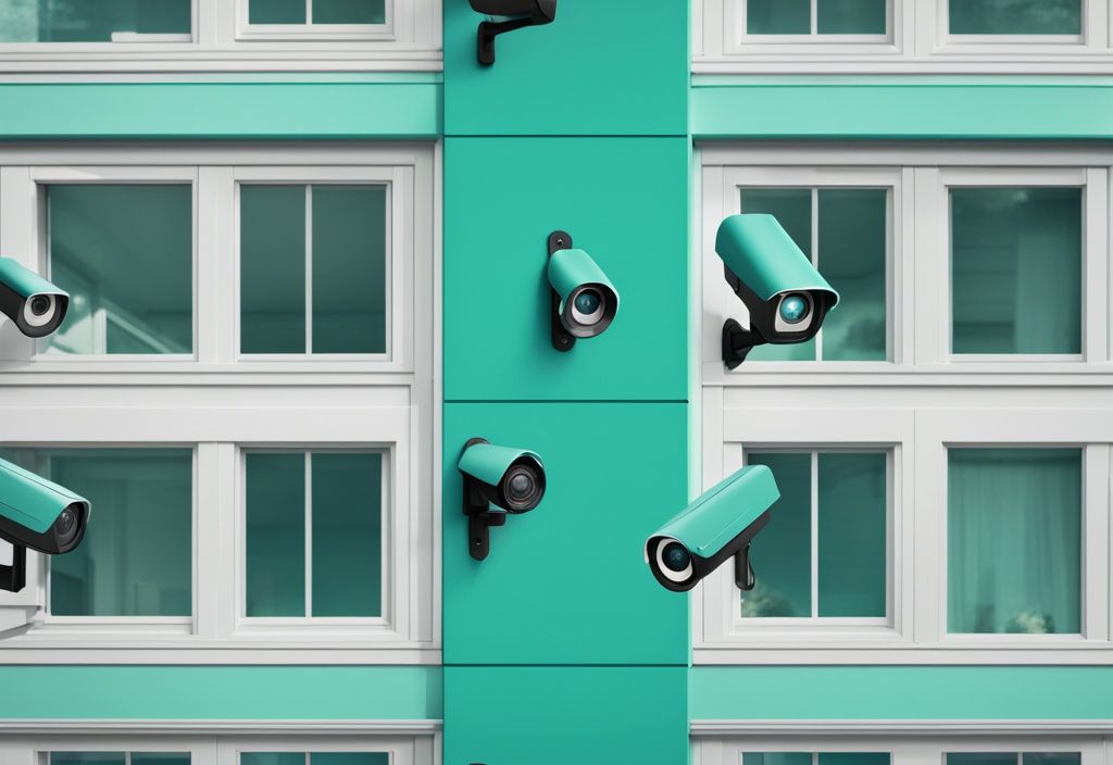 Realistic illustration of a modern house featuring best outdoor security cameras without subscription in teal color theme.