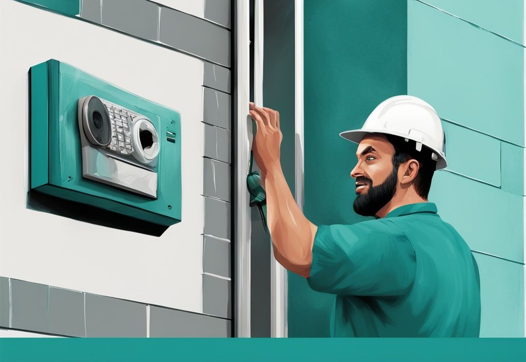 Professional technician performing intercom system installation on residential building wall with teal color theme.