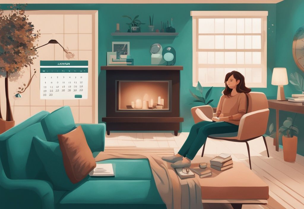 Teal-themed living room with a calendar on the wall marking a timeline, person sitting on couch symbolizing prolonged stay.