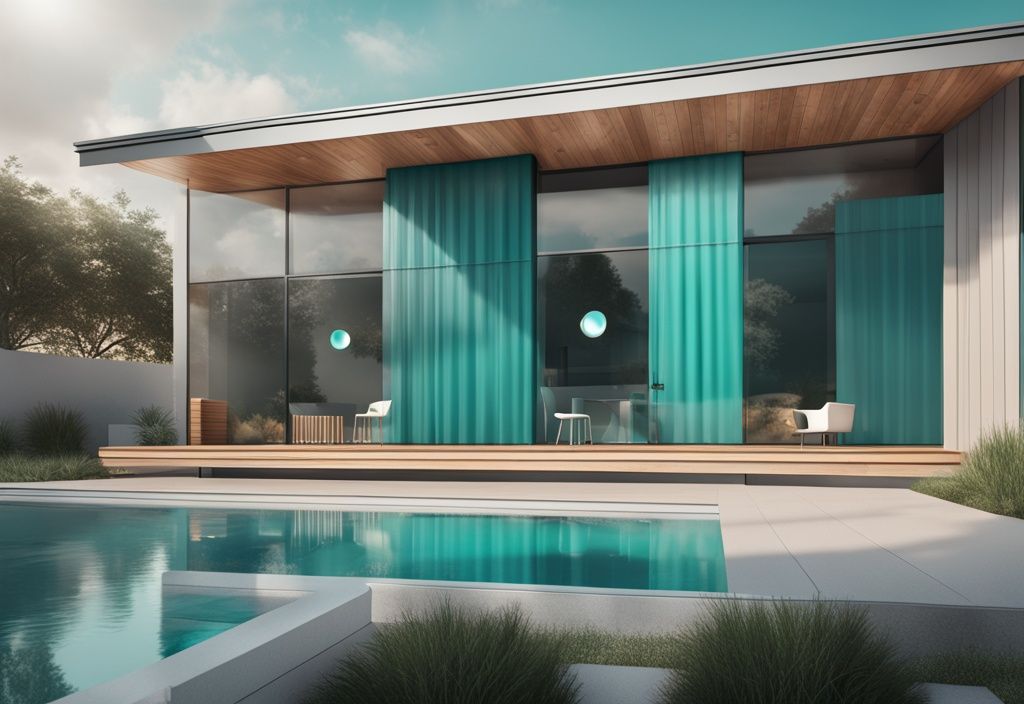 Modern house with teal-themed exterior, showcasing top-rated outdoor security cameras and their advanced features.