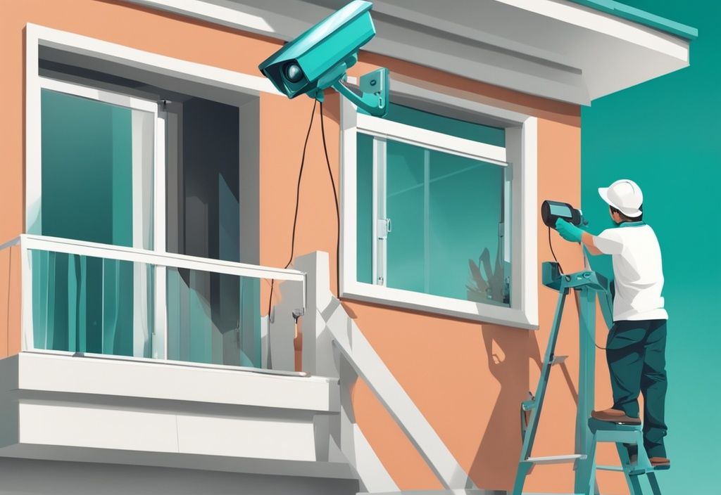 Professional technician installing CCTV camera on modern house exterior wall, teal color theme