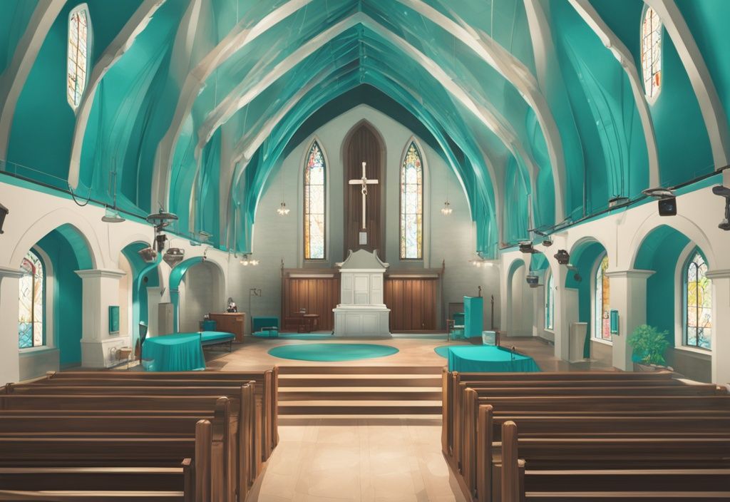 Realistic illustration showing the best security cameras for churches installed at strategic points in a beautifully designed teal-themed church.