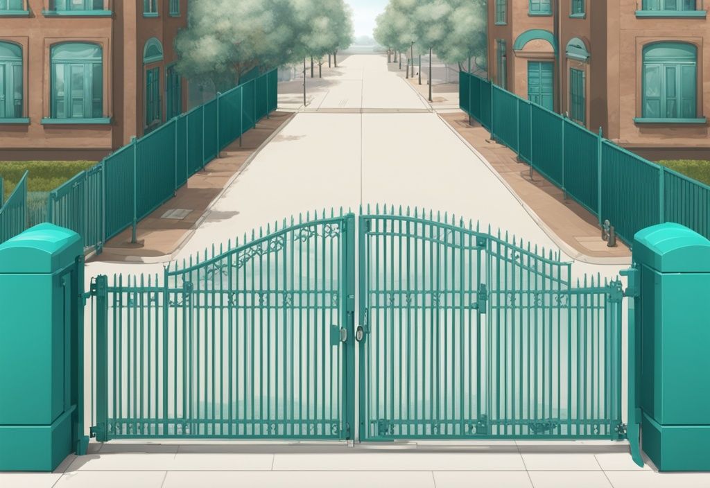 Realistic illustration showcasing various types of security gates including sliding, swing, bi-folding, and pedestrian gates in teal color theme.