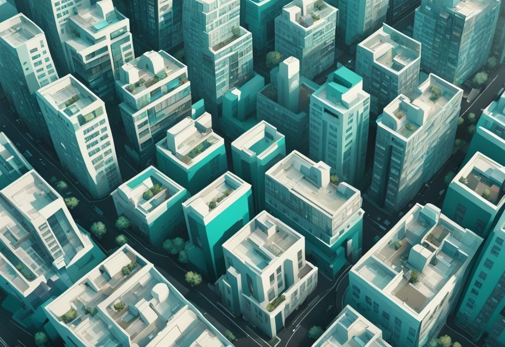 Aerial view of a densely populated cityscape with teal-themed residential buildings.