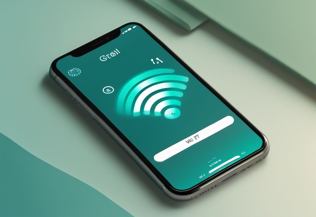 Realistic teal-themed illustration showing how to check your wifi GHz on iPhone with highlighted wifi settings page.