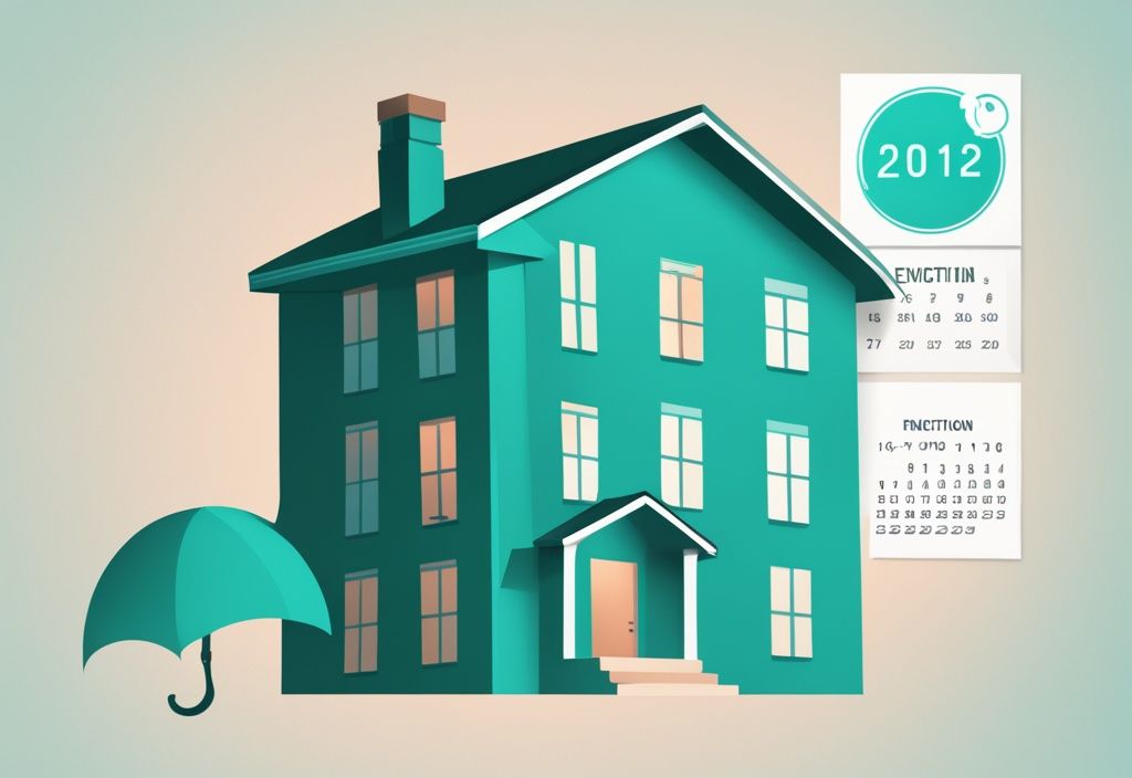 Realistic teal-themed illustration of a calendar with marked dates and a house icon, symbolizing the timeline of an eviction process, answering the question "how long does an eviction take".