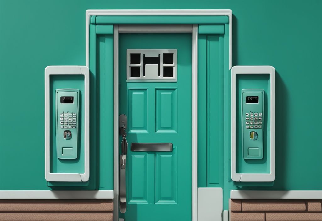 Teal-themed illustration of pin pad and key fob for entry systems