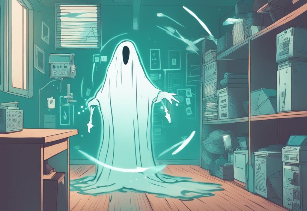 Teal-themed illustration of a security camera capturing a blurry, ghost-like image with highlighted potential causes like lens flare, dust, or insects