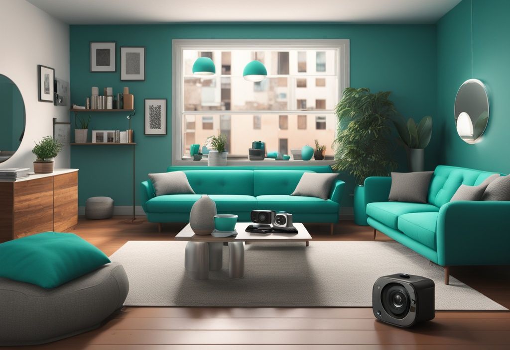 Realistic illustration of the best ring cameras for apartments arranged in a modern teal-themed apartment setting.