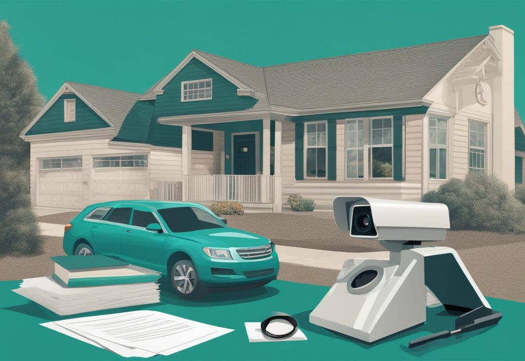 Teal-themed illustration of suburban home with outdoor surveillance camera and overlay of legal documents and gavel.