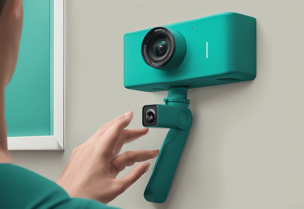 Hand removing Blink Camera from wall mount, teal-themed illustration