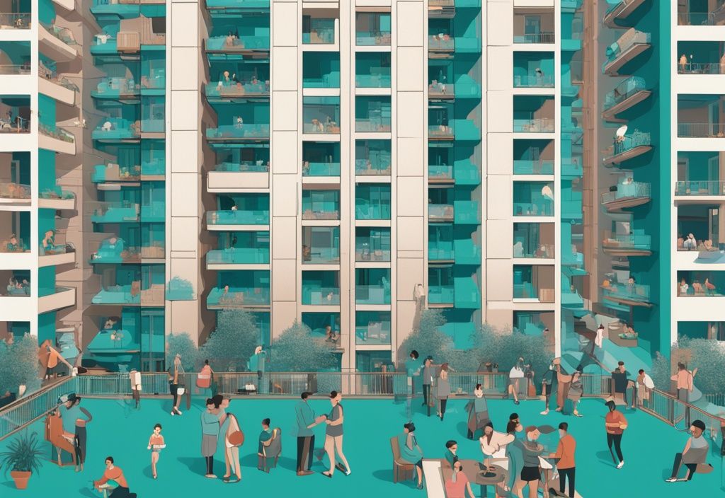 Realistic illustration of a bustling cityscape with teal-themed high-density housing complexes, featuring people on balconies and common areas.