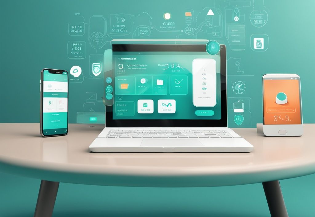 Realistic illustration showcasing the best cellular security systems on a sleek table with a smartphone displaying a security app interface, main color theme teal.