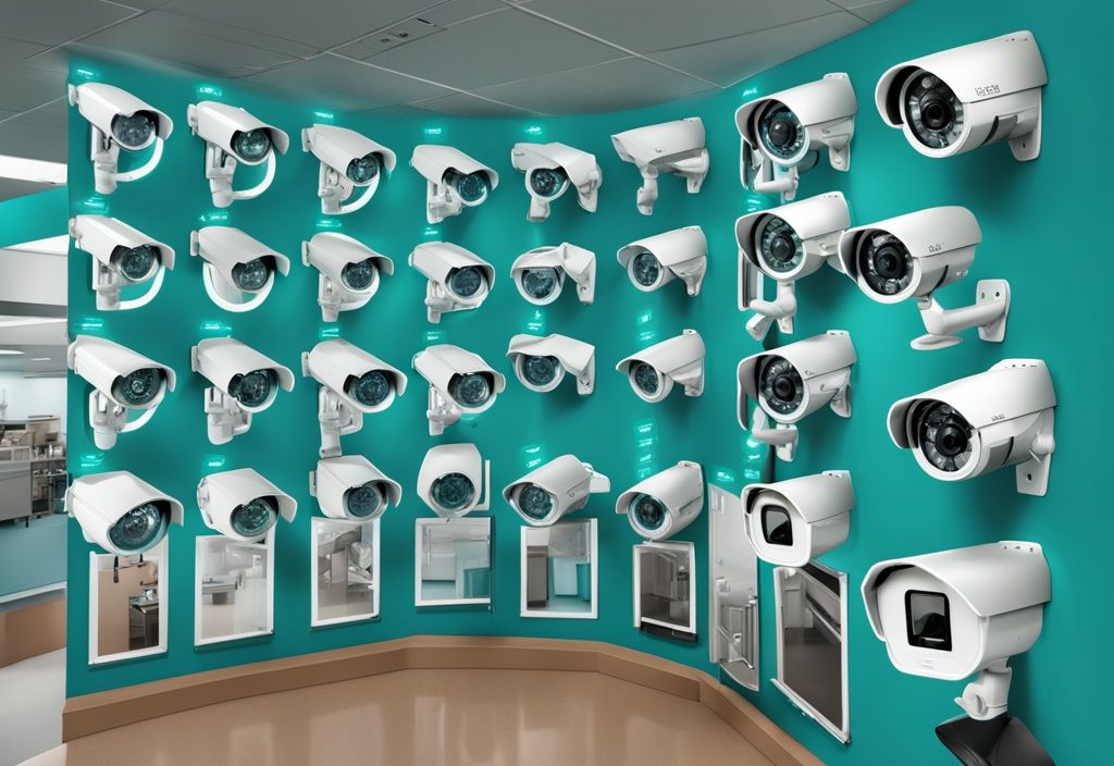 Realistic illustration of the best AT&T Security Cameras in teal color theme, showcasing various models with highlighted features.