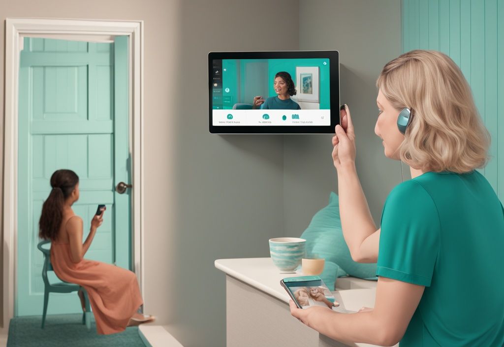 Person viewing live Echo Show camera feed on smartphone in teal-themed illustration