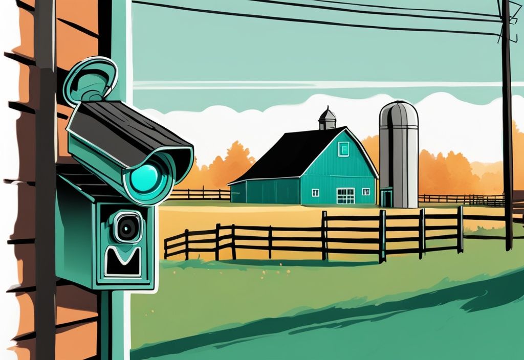 Realistic illustration of a teal-themed barn with a prominent security camera on the wall.