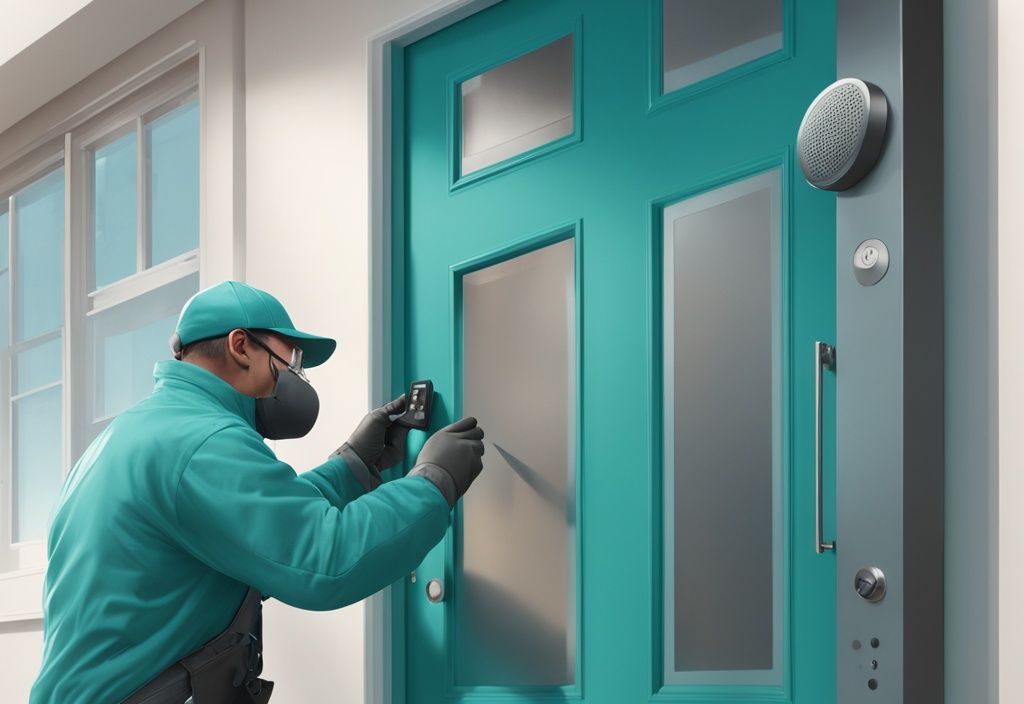 Professional technician installing intercom system on residential front door in teal-themed illustration