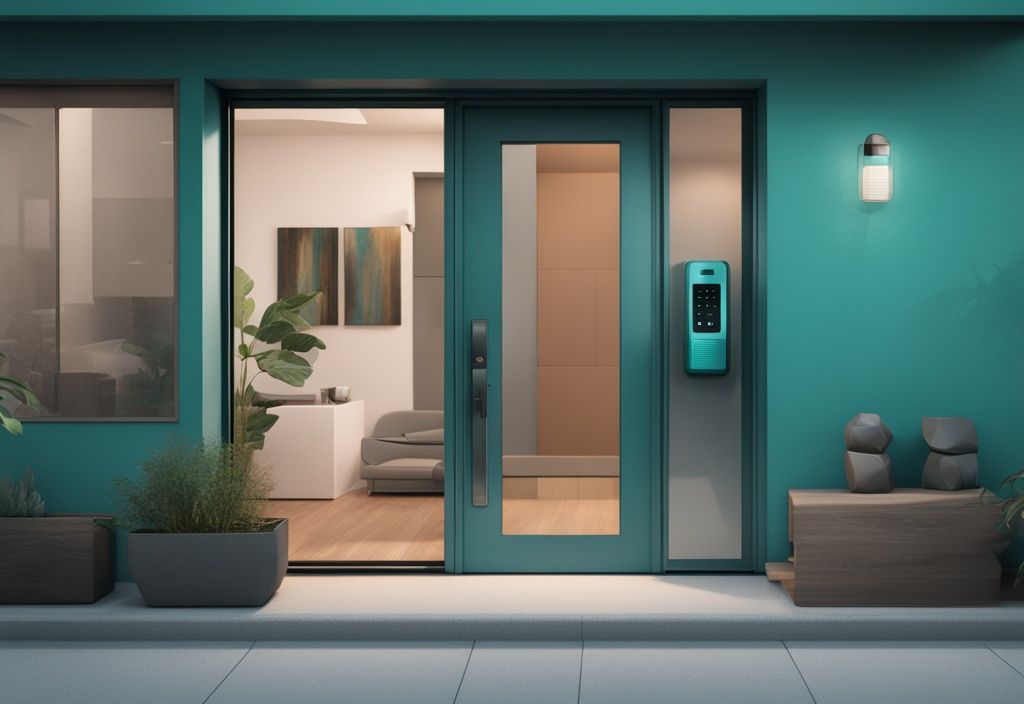 Modern apartment front door with sleek teal intercom system and door release button