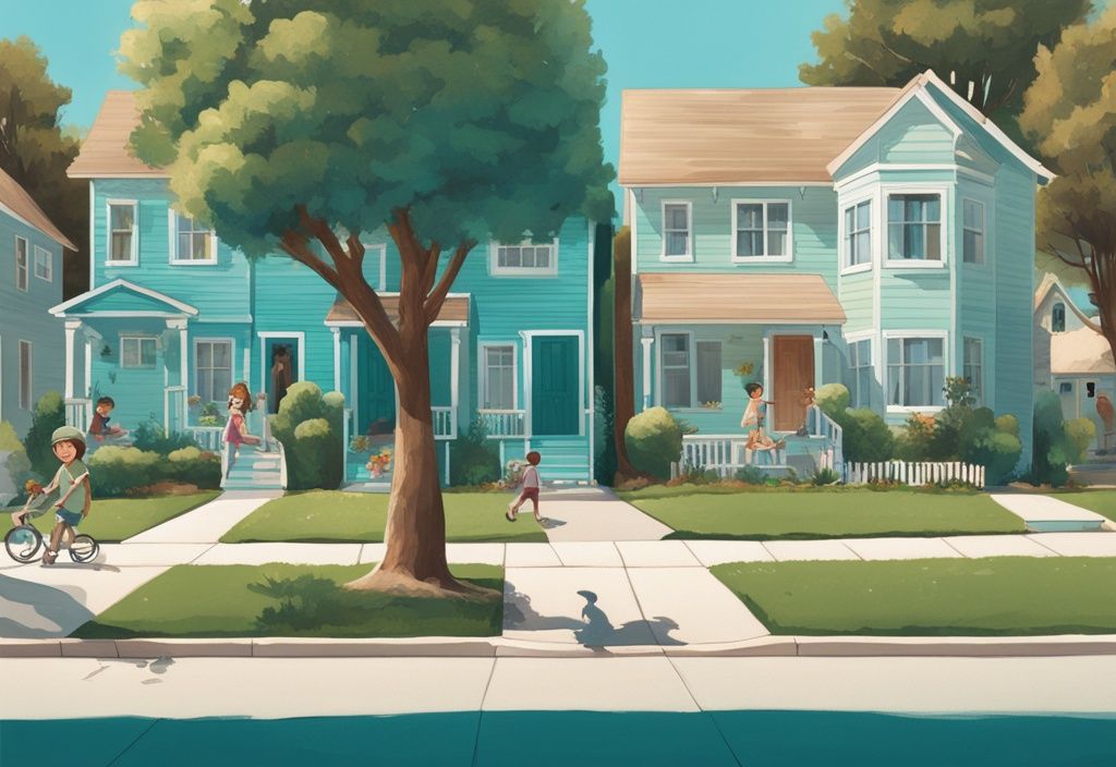 Serene suburban neighborhood in California with children playing on a tree-lined street, well-maintained houses, and clear blue sky overhead, teal-themed illustration.