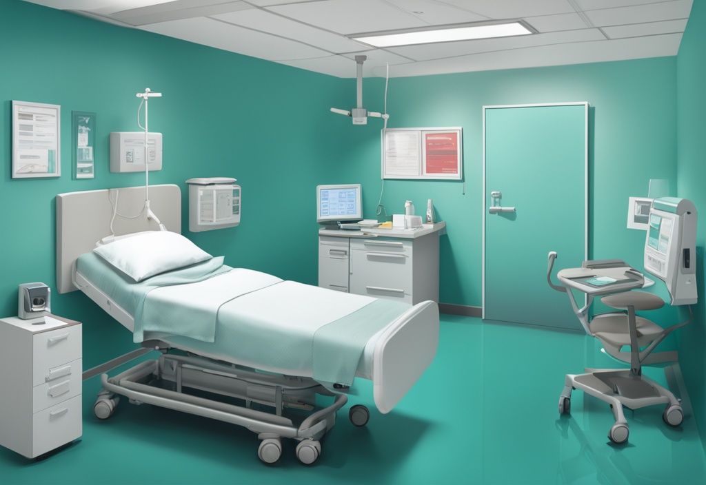 Teal-themed hospital room with patient in bed, wall-mounted camera, and patient privacy legal document on table