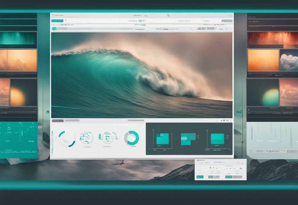 Realistic illustration comparing HDR vs. SDR; two screens side by side, one with vibrant HDR content and the other with less dynamic SDR content, main color theme teal.