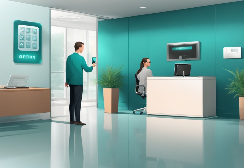 Teal-themed modern office with employee using keycard at electronic door lock, showcasing Access Control System.