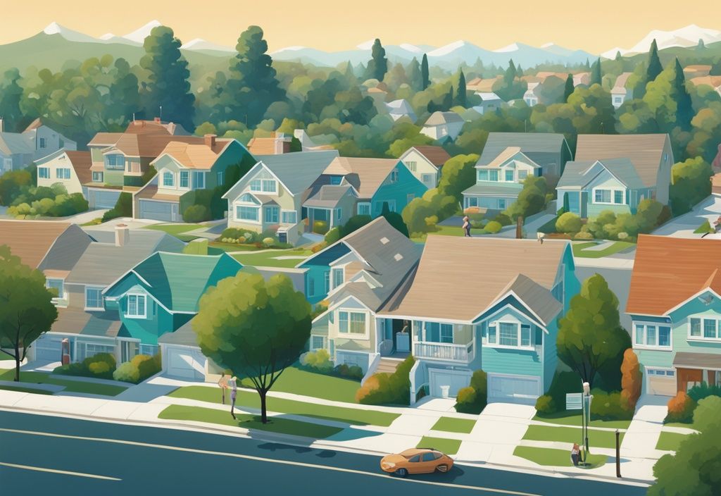 Serene suburban neighborhood in California, safest place to live in California, with well-maintained houses, lush green parks, children playing, and clear blue sky overhead.