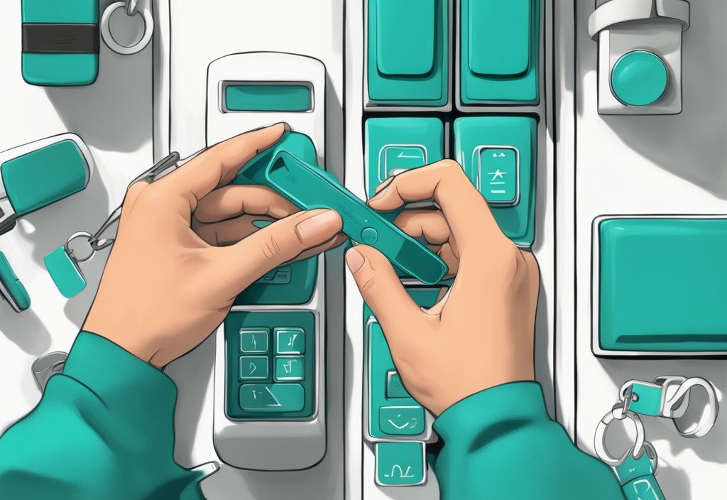 Realistic illustration showing how to copy apartment key fob using a cloning device with teal color theme and hands in action