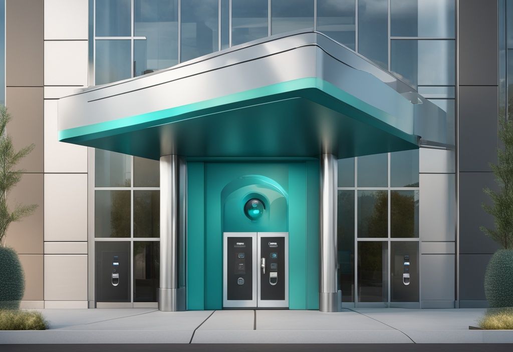 Realistic illustration of best commercial key fob door lock systems on a sleek, modern building entrance with a teal color theme.