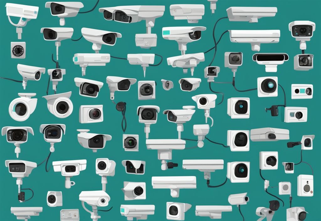 Realistic illustration showcasing different types of security cameras in teal color theme, arranged in a neat row, highlighting various features and designs.