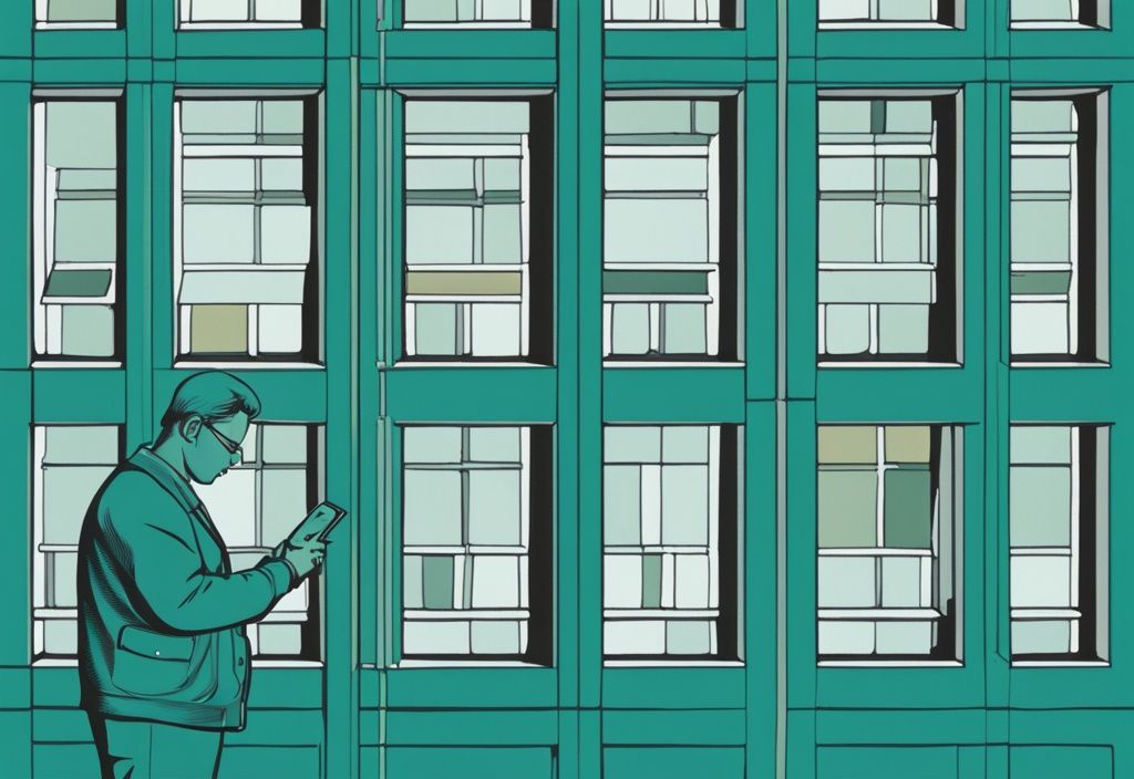 Person using handheld device to inspect window mullions, teal color theme, Mullion Reader illustration