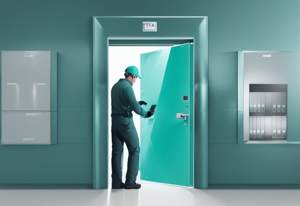 Professional technician performing access control system installation on a modern office door, teal color theme.