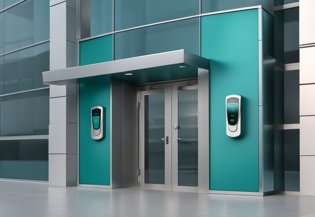 Realistic illustration of a modern commercial building entrance showcasing the best commercial key fob door lock systems in teal color theme.