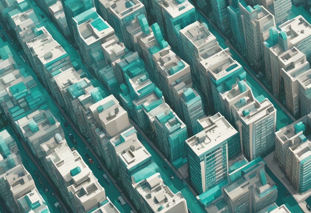 Aerial view of a densely packed cityscape with teal-themed high density residential buildings