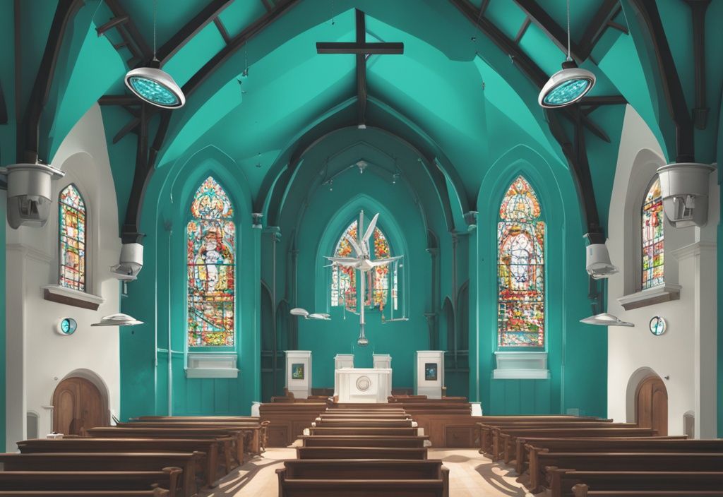 Realistic illustration of a beautifully designed church with teal theme, showcasing the best security cameras for churches installed at strategic points.