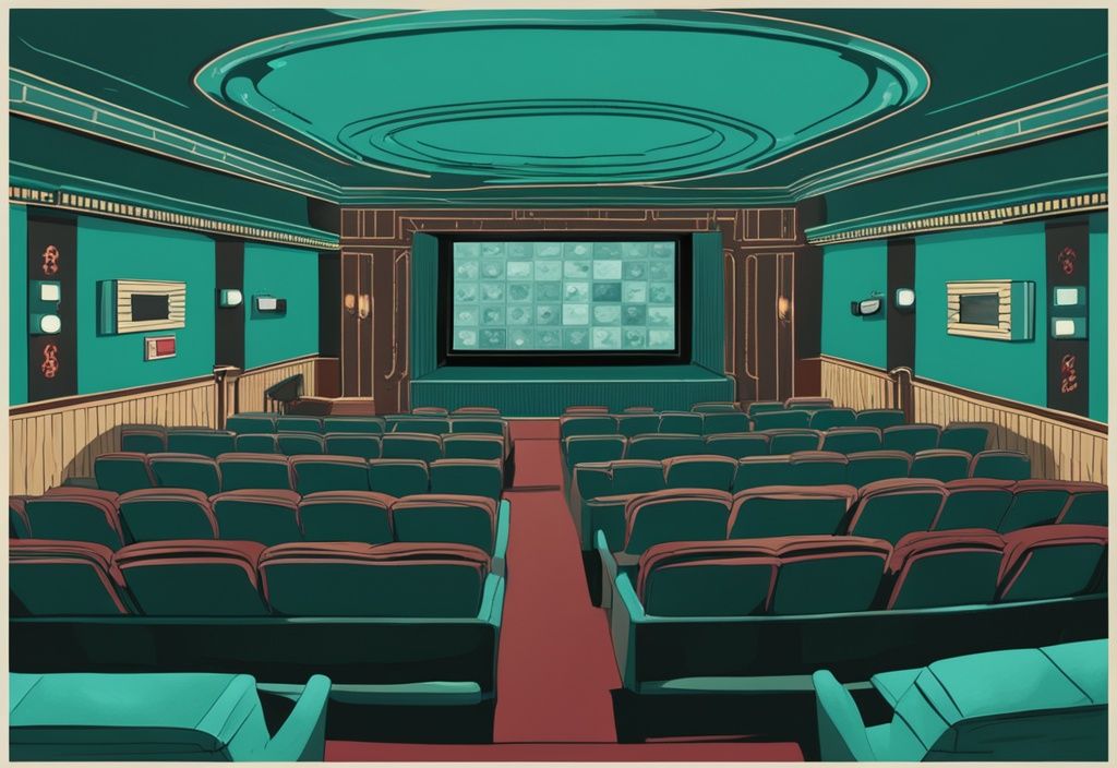 Realistic teal-themed movie theater interior with hidden surveillance cameras; are there cameras in movie theaters?