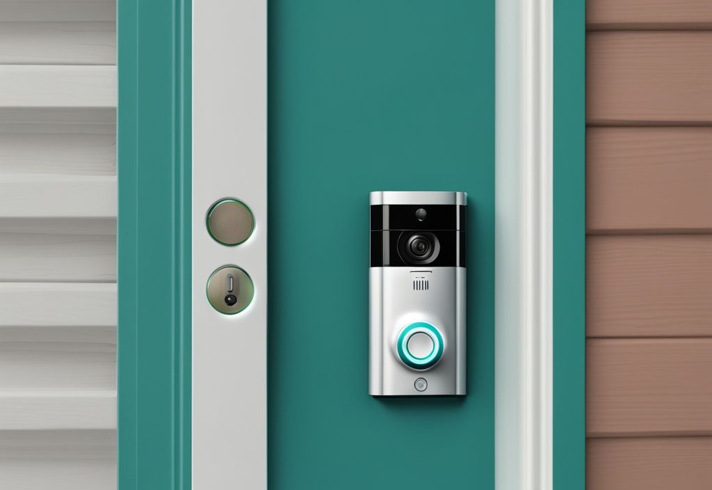 Teal-themed realistic illustration of a doorbell camera mounted on a house wall, visibly unconnected to any wifi device or router.