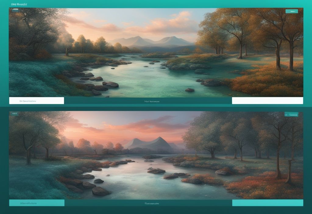 Teal-themed illustration comparing HDR and SDR screens displaying a vibrant landscape scene, highlighting richer colors and deeper contrasts in HDR.