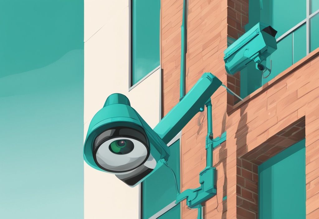 Professional technician performing CCTV installation on a modern building's exterior wall with a teal color theme.