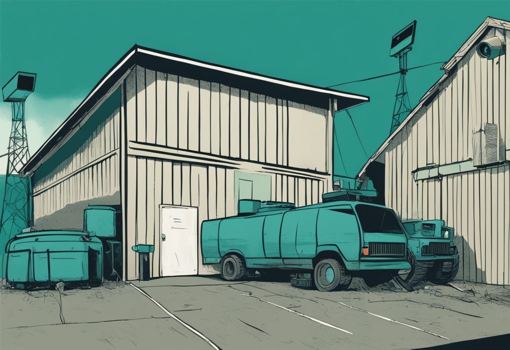 Modern teal barn with strategically placed barn security cameras for surveillance.