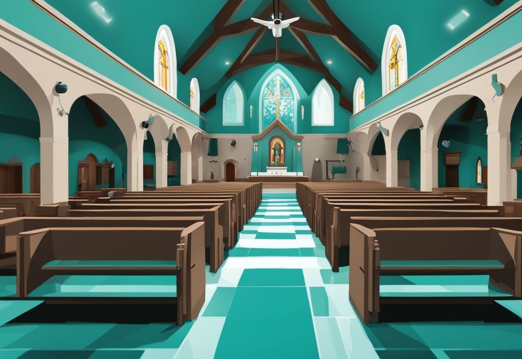 Top-rated security cameras in teal-themed church interior for enhanced safety