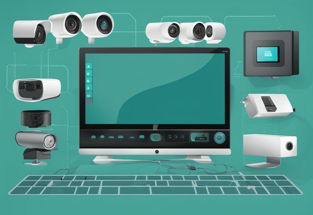 Realistic illustration of NVR meaning with teal theme, featuring network video recorder, cameras, ethernet cables, and monitor.